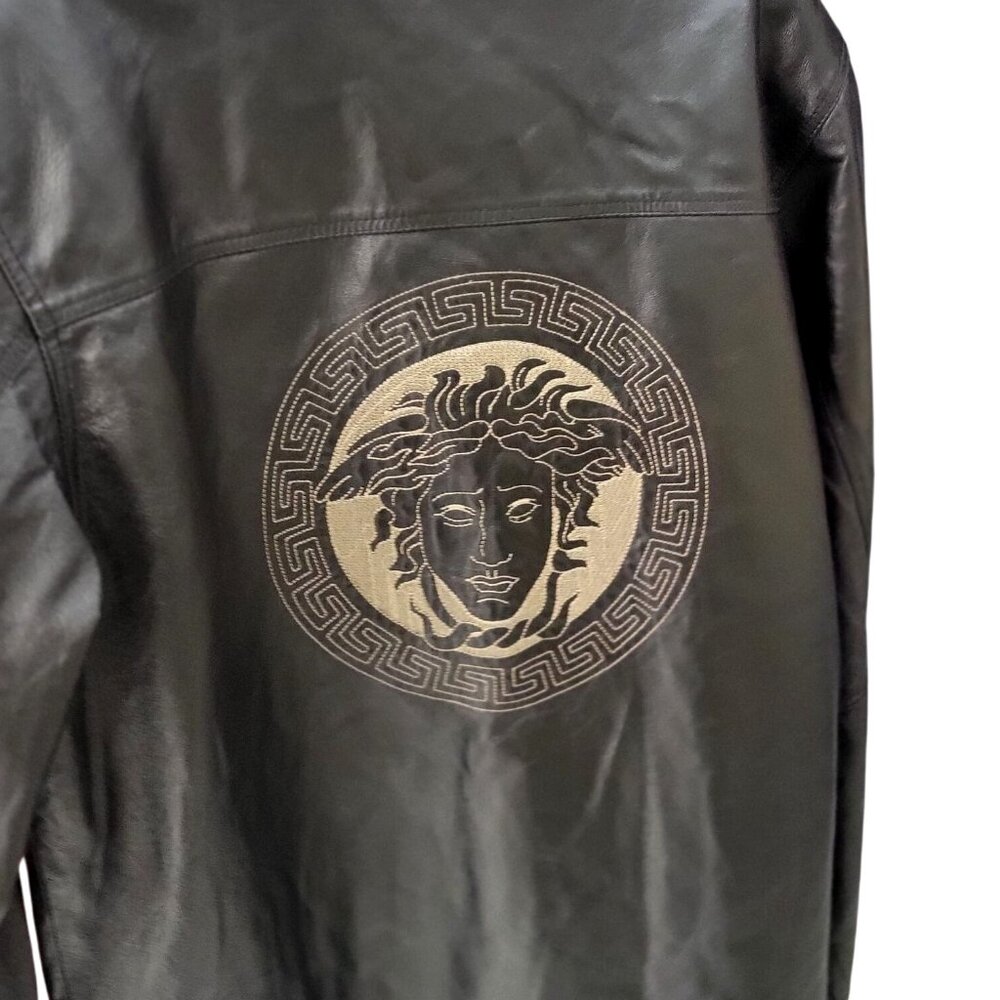 Men's Black Leather Jacket Outwear Stylish Embroidery Front & Back -M - Picture 5 of 10